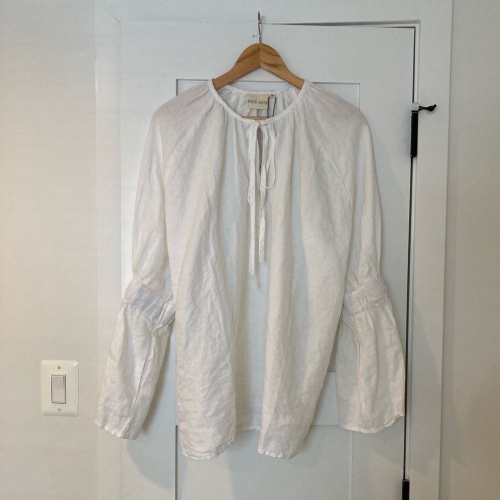 Des Sen White Linen Voluminous Puffy Sleeve Tie Blouse